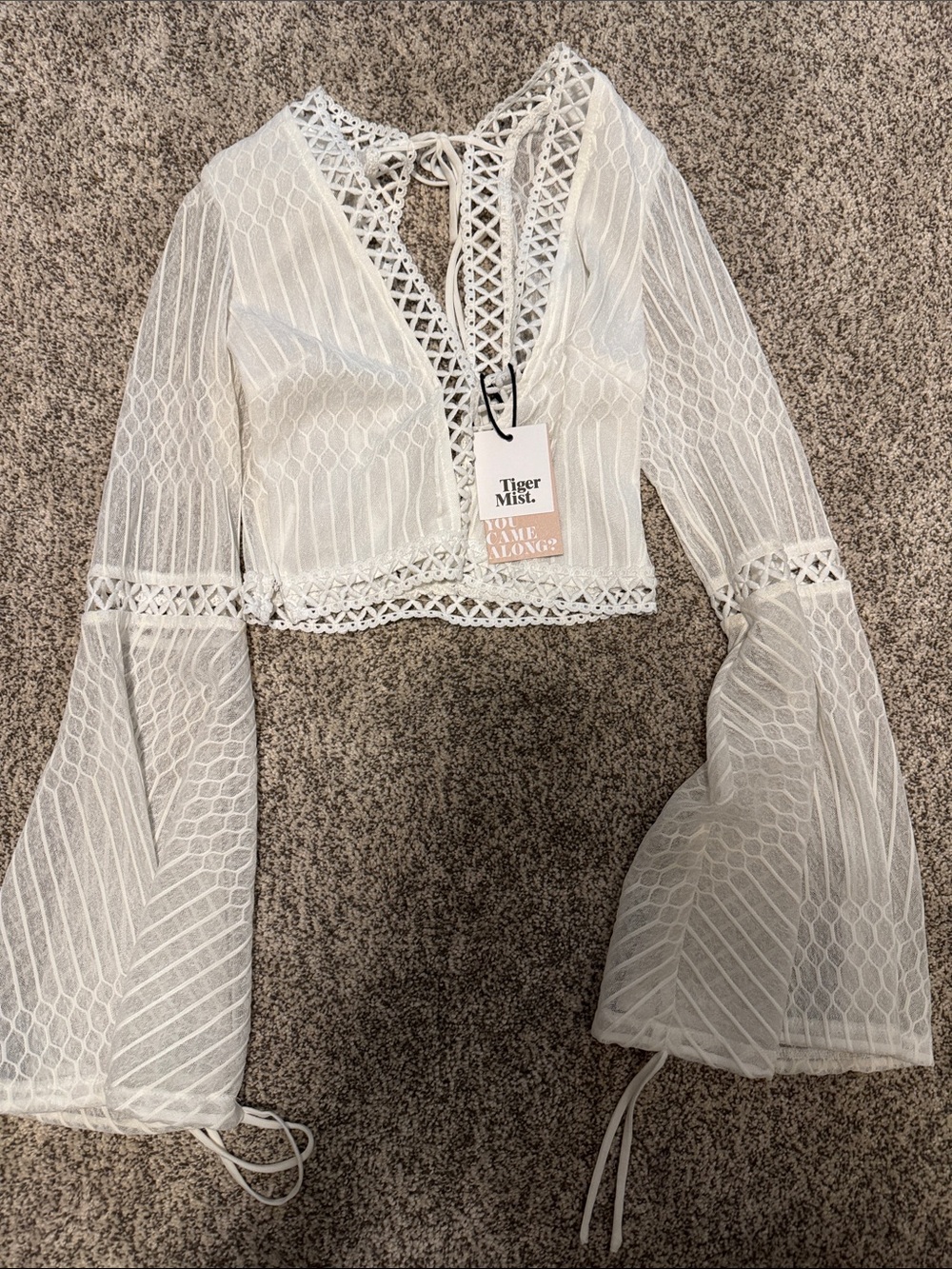 Tiger Mist Cream Lace Crop Top with Bell Sleeves